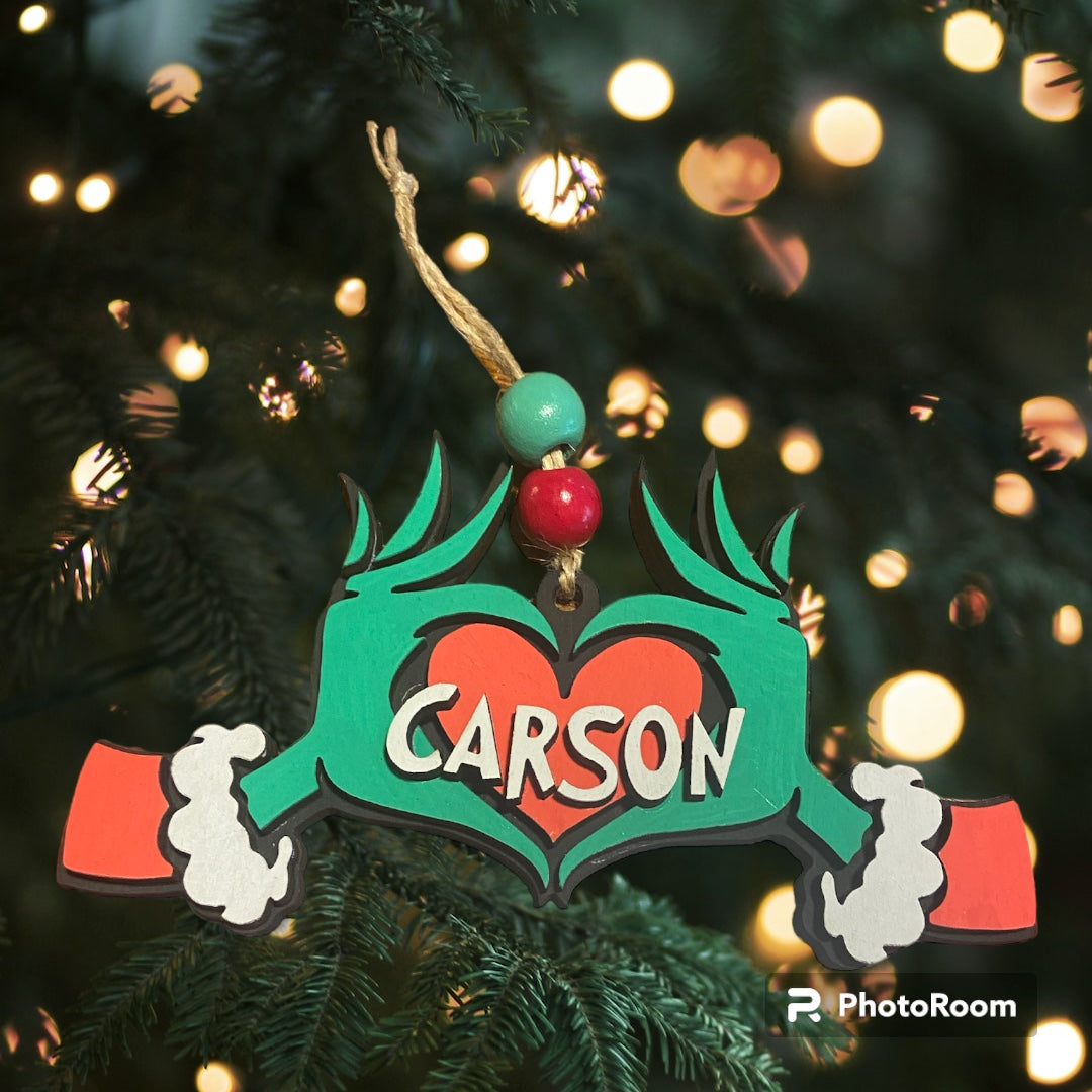 Personalized Grinch hands heart ornament